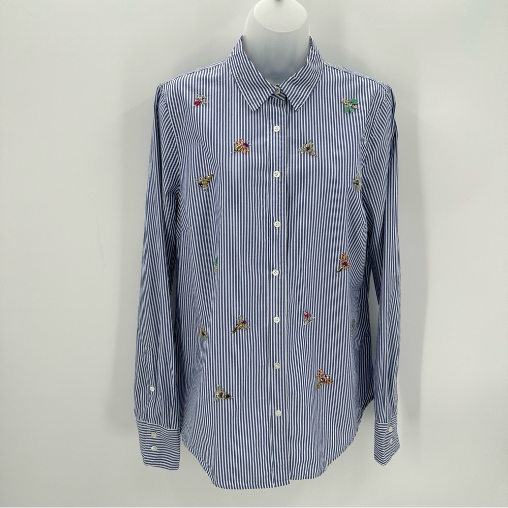 J. Crew Blue and White Striped Embroidered Button-Up Blouse